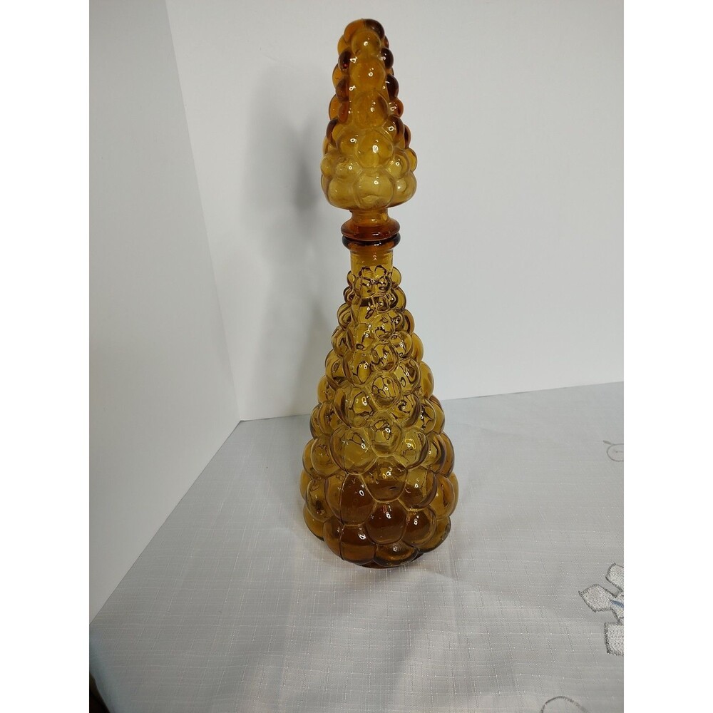 Vintage Empoli MCM Amber Glass Genie Bottle Hobnail Bubble w/stopper 16”